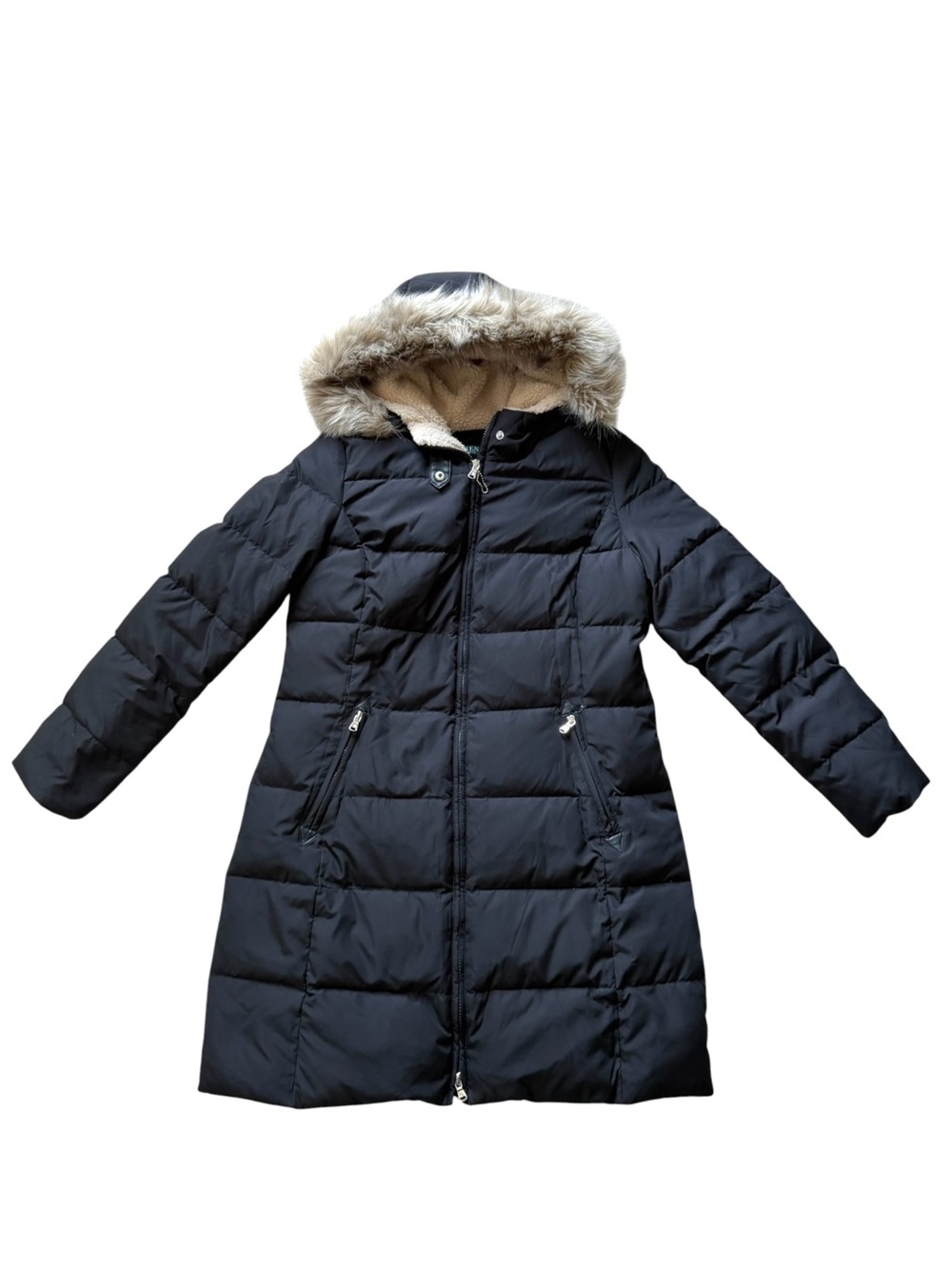Lauren Ralph Lauren Women’s Goose Down Parka Medium Black Quilted Faux Fur Hood